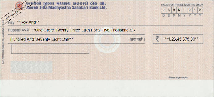 Printed Cheque of Amreli Jilla Madhyastha Sahakari Bank in India