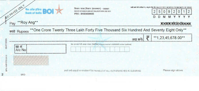 Printed Cheque of BOI - Bank of India