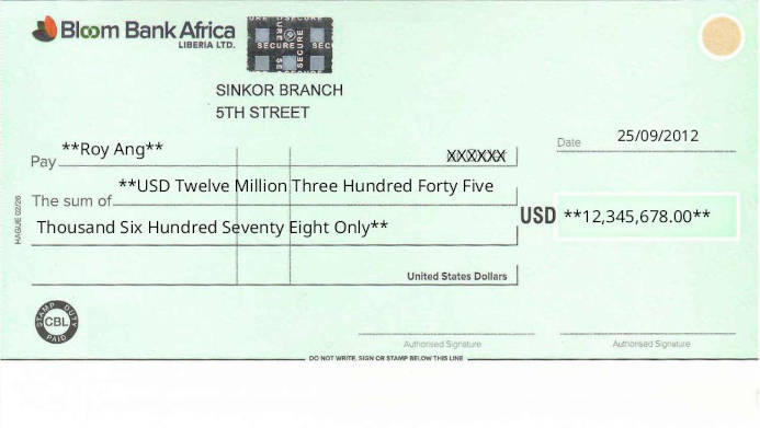 Free Online Check Writer for Bloom Bank Africa (USD) in Liberia