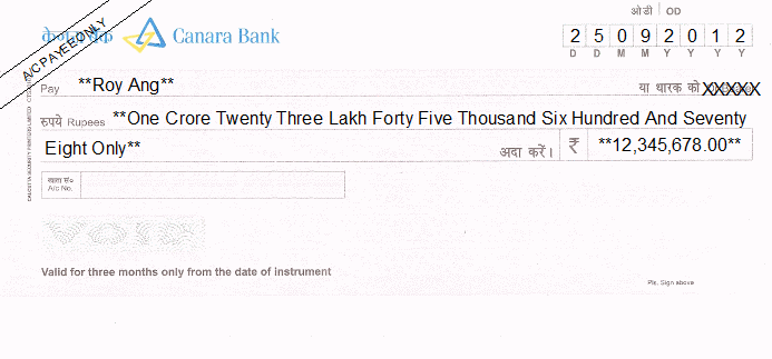 Printed Cheque of Canara Bank India Printed Cheque of Canara Bank India