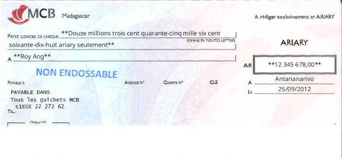 Write MCB Cheque Online Free Online Cheque Writer for MCB in Madagascar