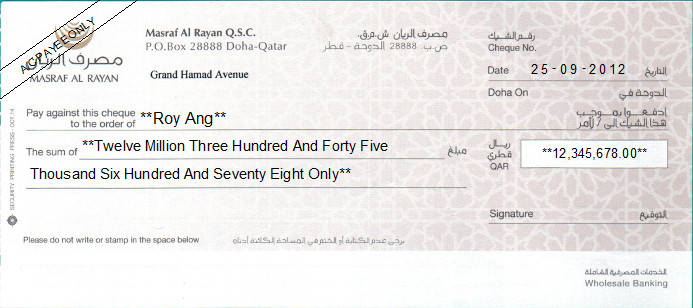Printed Cheque of Masraf Al Rayan Bank in Qatar Printed Cheque of Masraf Al Rayan Bank in Qatar