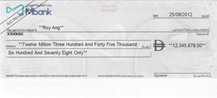 Printed Cheque of Mbank - Al Maryah Community Bank in UAE