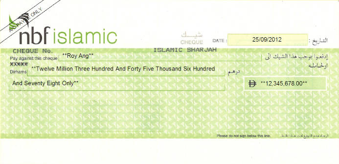Printed Cheque of NBF Islamic - National Bank of Fujairah in UAE