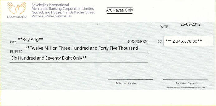 Printed Cheque of Nouvobanq in Seychelles Printed Cheque of Nouvobanq in Seychelles