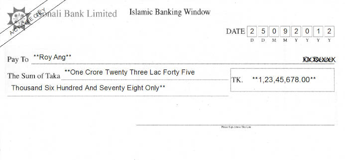 Printed Cheque of Sonali Bank (Islamic Banking Window) in Bangladesh Printed Cheque of Sonali Bank (Islamic Banking Window) in Bangladesh