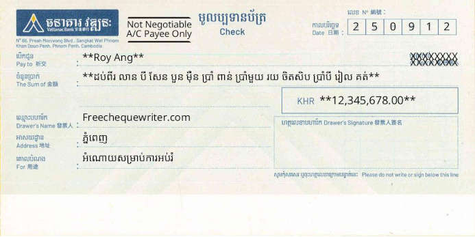 Free Online Check Writer for Vattanac Bank (KHR) in Cambodia