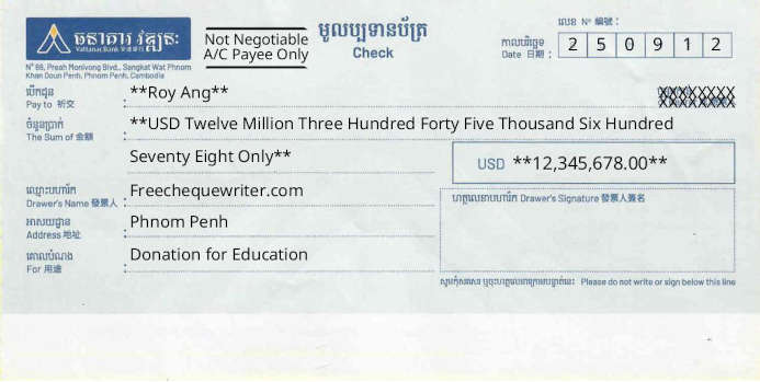 Free Online Check Writer for Vattanac Bank (USD) in Cambodia