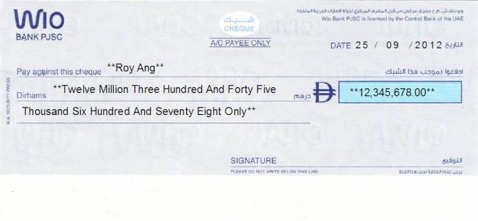 Printed Cheque of Wio Bank in UAE